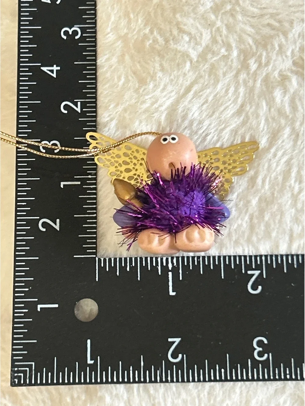 Handcrafted Angel Pendant Ornament with Purple Tinsel Dress and Gold Wings